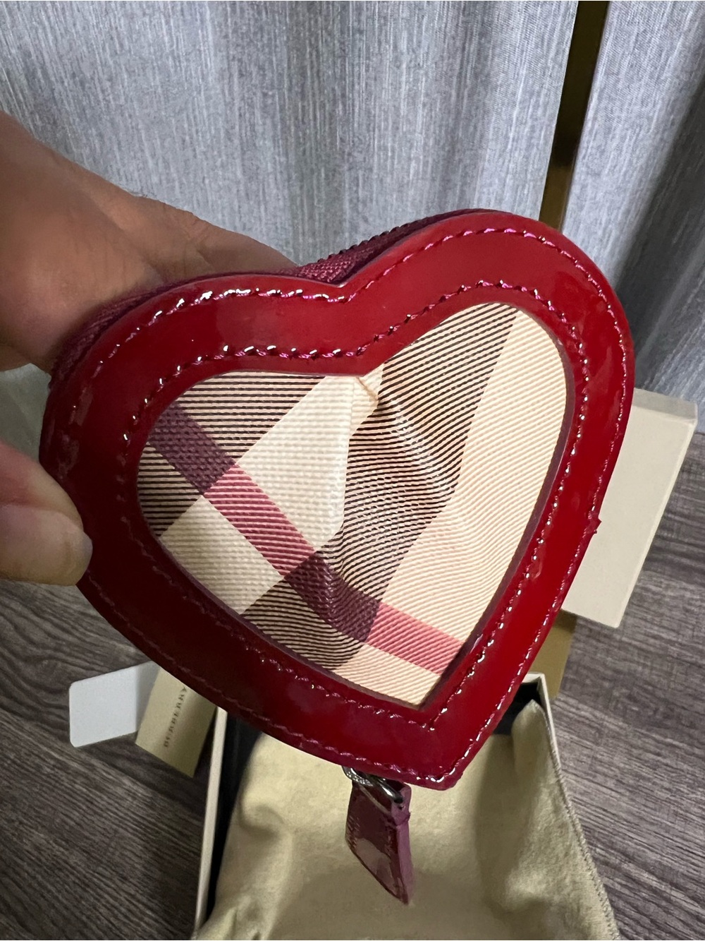 Burberry Heart-Shaped Mini Coin Purse in Red Patent and Classic Check